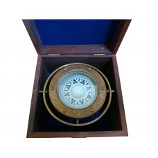 5" Antique Brass Gimbal Compass w/ Rosewood Box